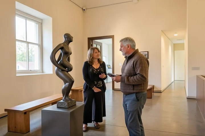 Two middle-aged adults browse an abstract sculpture together in a welcoming small museum gallery, pausing naturally to talk beside open space