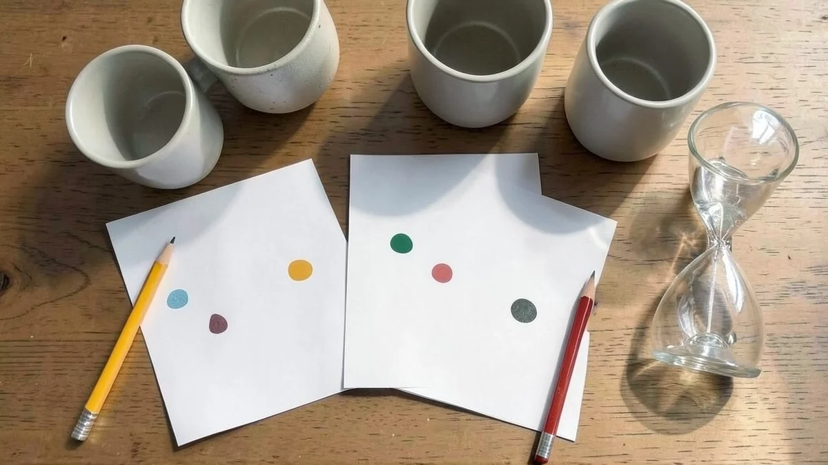 A pencil rests beside three blank cards marked only with small abstract color shapes, two empty ceramic cups