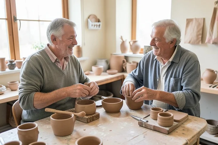 Two middle-aged adults shape small clay bowls while talking across a shared worktable in a bright community pottery studio