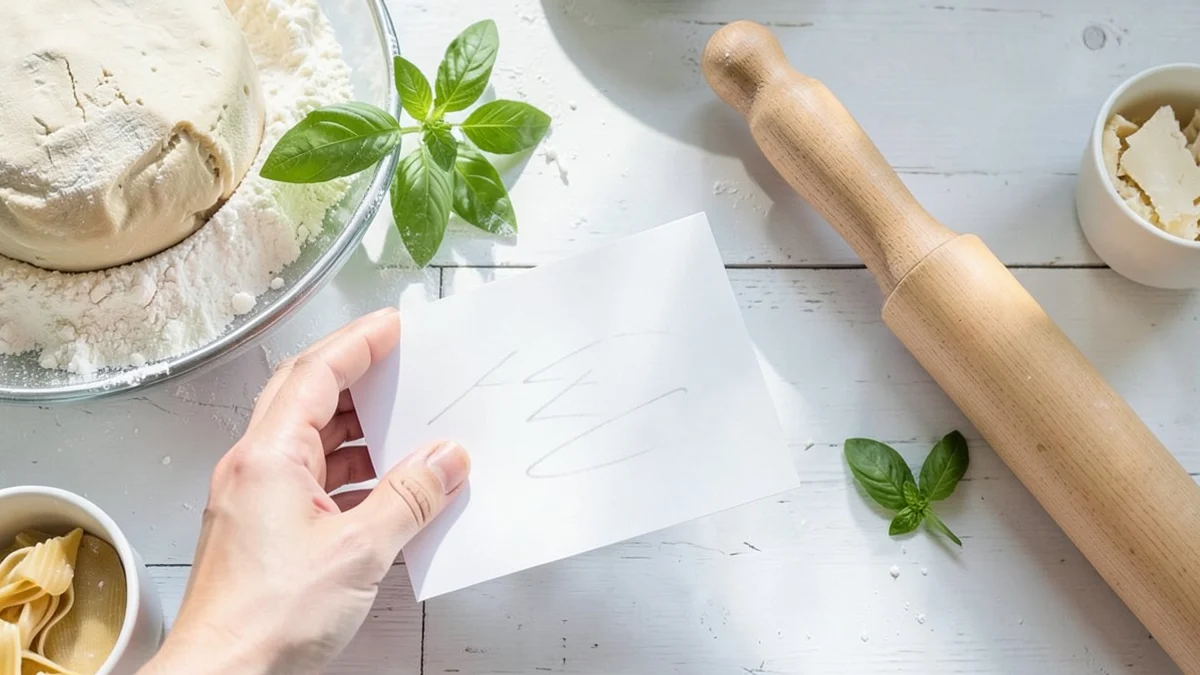A hand arranges a blank card beside homemade pasta ingredients and a wooden rolling pin on a bright kitchen table