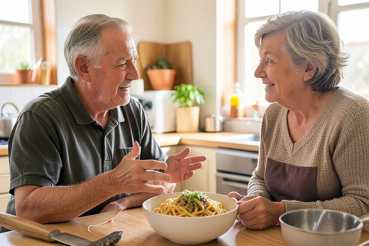 Two middle-aged adults chat easily beside a bowl of homemade pasta in a bright community kitchen
