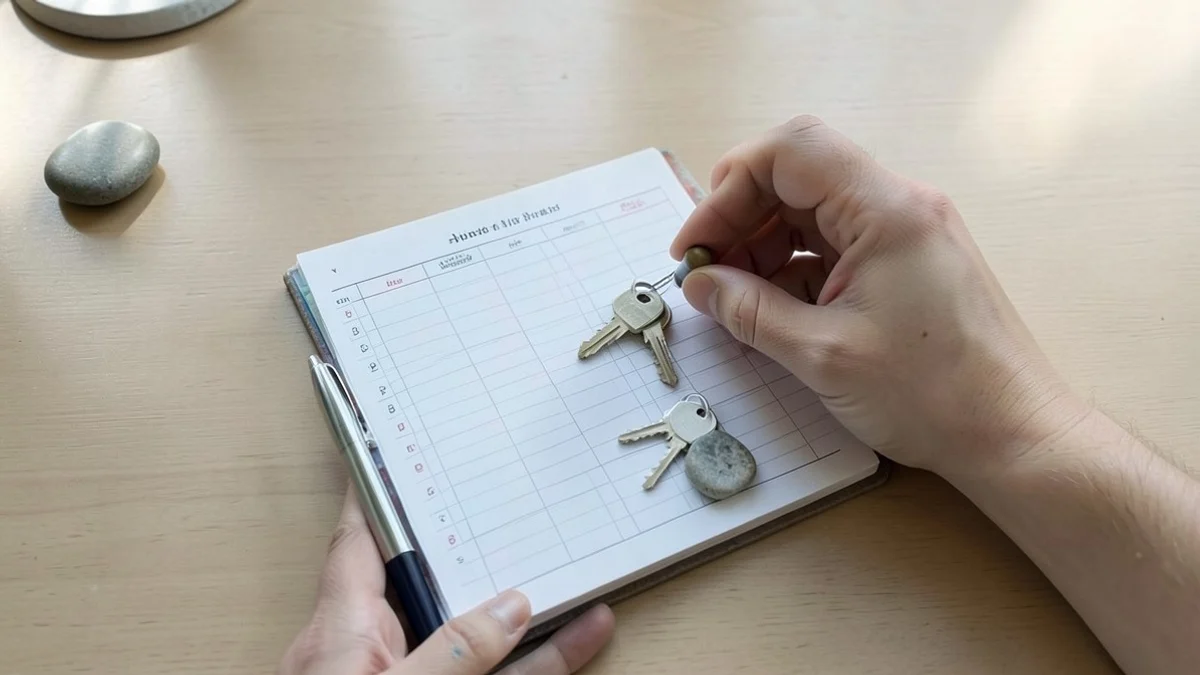 A hand places a small marker on an otherwise blank weekly planner beside a pen, house keys, and two smooth stones representing two people