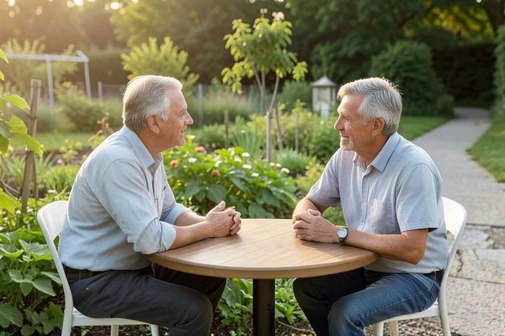 Two middle-aged adults have a relaxed, respectful conversation at a quiet outdoor community garden table