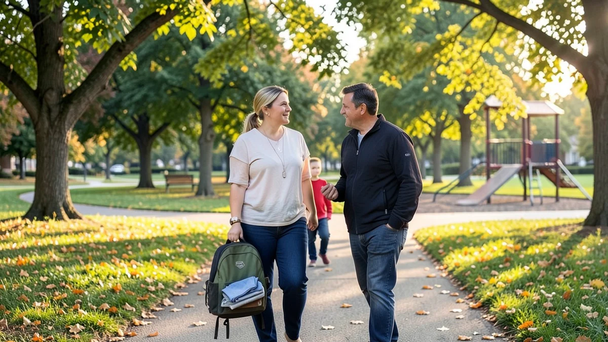 A divorced parent and a new partner walk side by side along a leafy neighborhood park path