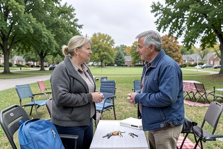 Two middle-aged adults share a quiet conversation at the edge of a neighborhood picnic, with empty chairs, a child’s backpack, house keys