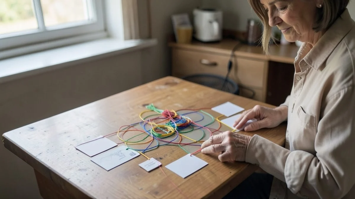 A mature divorced woman arranges blank cards and colored threads into a clear pattern map on a wooden kitchen table