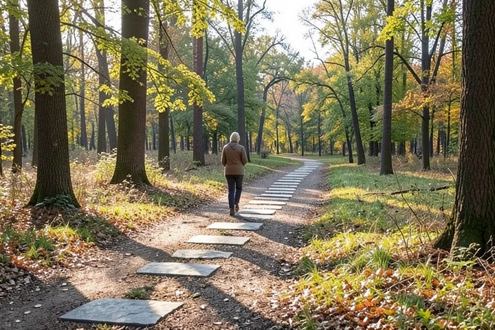 A mature adult walks a wooded park trail and pauses at a fork, studying repeated stepping stones behind them before choosing a separate sunlit path
