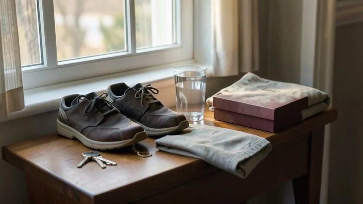 A neatly arranged pair of walking shoes rests beside house keys, a glass of water, a folded neutral jacket