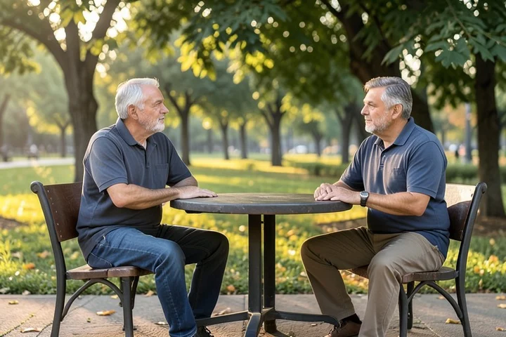 Two middle-aged adults in their 40s or 50s sit at a quiet public park table