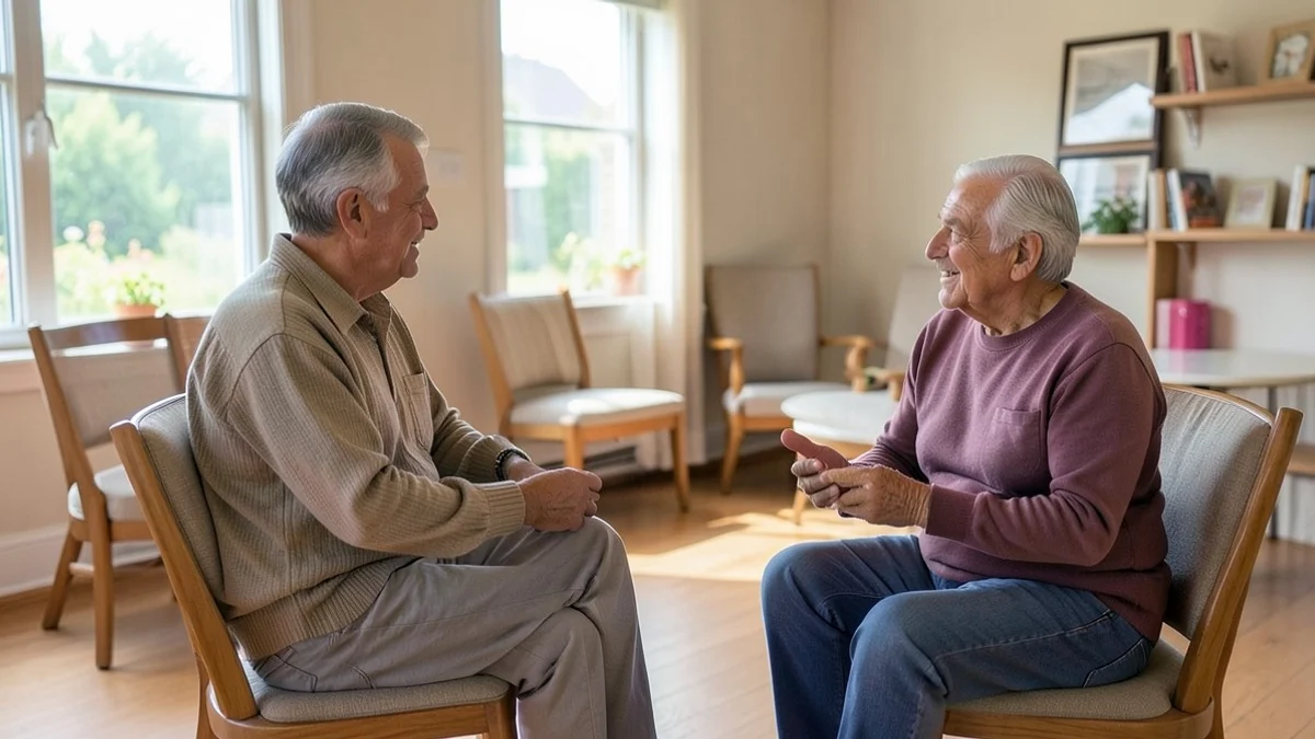 Two middle-aged adults have a relaxed conversation at a neighborhood community center
