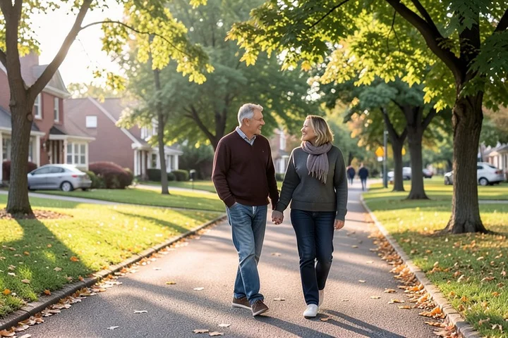 Two middle-aged adults walk and talk together along a quiet neighborhood path after a small community activity