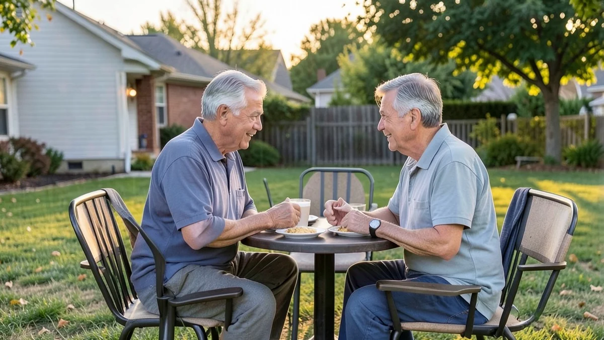 Two middle-aged adults calmly discuss their hopes for a committed partnership at a relaxed neighborhood backyard gathering