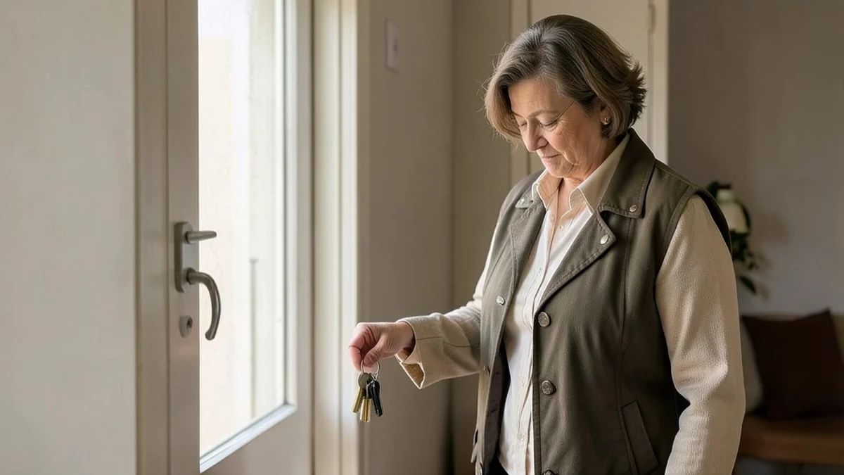 A middle-aged divorced woman calmly chooses a jacket and picks up her keys in a tidy apartment entryway before a low-stakes date