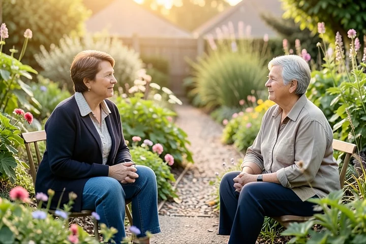 A middle-aged woman speaks quietly with one trusted friend at a small neighborhood garden gathering