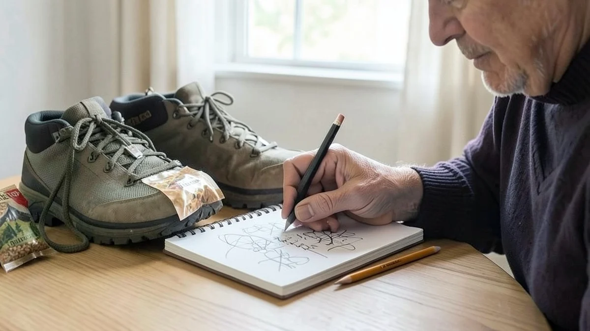 A middle-aged adult drafts a warm, concise message beside hiking boots, a trail snack, and a pencil on a tidy wooden table