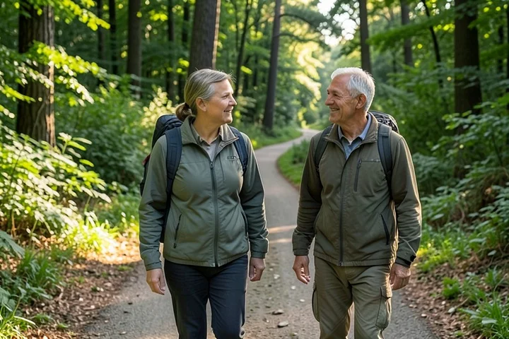 Two middle-aged adults walk slowly on a wooded neighborhood trail, one speaking about hiking while the other listens and responds with an easy smile