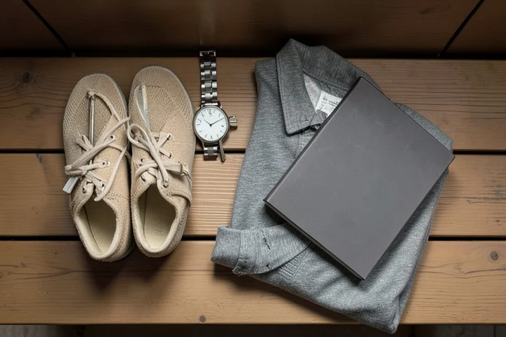 A carefully arranged still life shows house keys, a simple wristwatch, comfortable shoes, a folded jacket