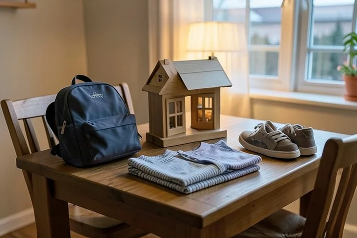 A small wooden family house, a child’s backpack, folded pajamas, school shoes, and a blank note card rest neatly on a quiet home dining table