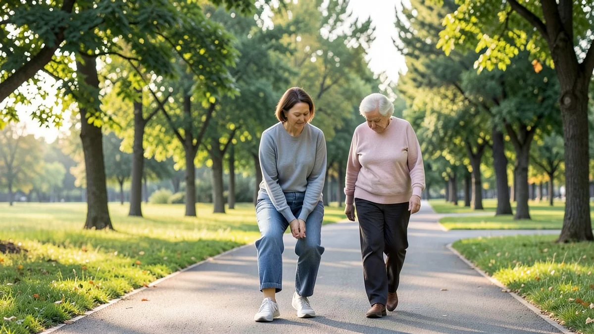 Two mature adults walk side by side on a public park trail, one pausing to tie a shoe while the other waits at a respectful distance