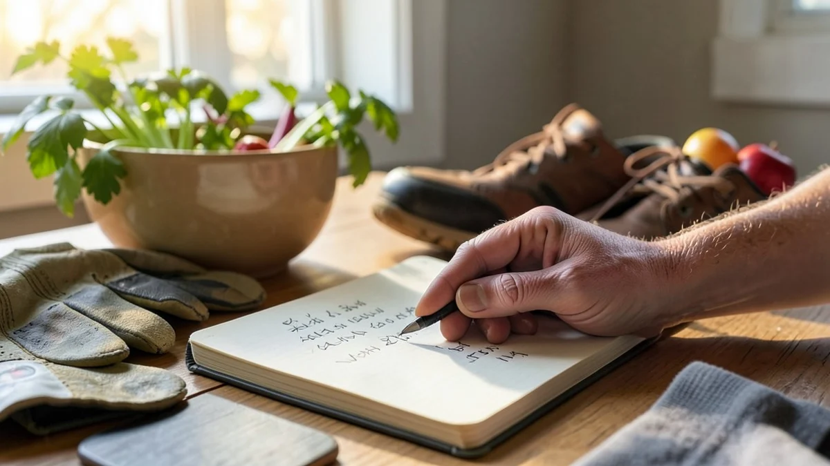 A mature adult’s hand makes abstract, non-readable notes in an open notebook on a tidy home table beside gardening gloves, walking shoes