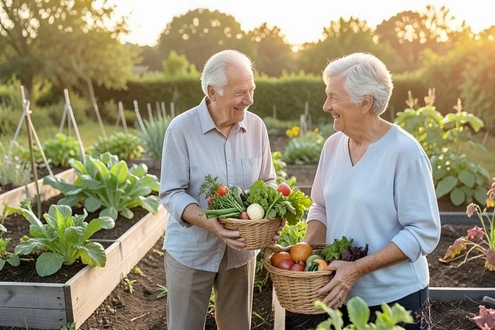 Two adults in their early 60s talk beside raised vegetable-garden beds while sharing a basket of fresh produce