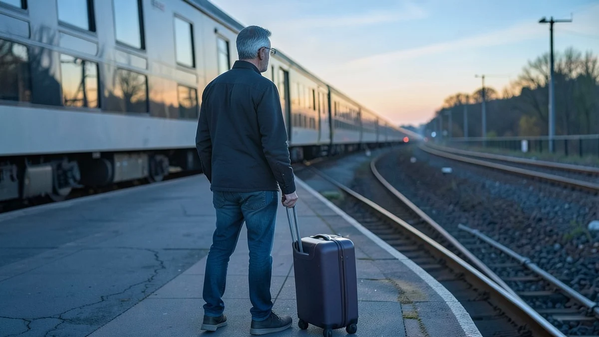 A thoughtful middle-aged adult stands with a compact suitcase on a quiet train platform