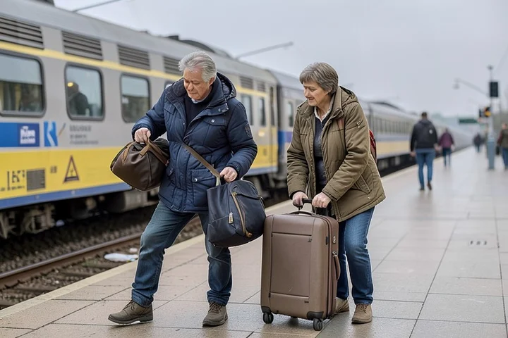 Two middle-aged adults share the effort of moving luggage beside a regional train platform, one lifting a bag while the other steadies a suitcase