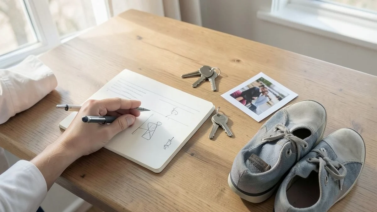 A person’s hand arranges a pen, a blank notebook with simple abstract marks, house keys, walking shoes, and unlabeled photo prints on a wooden table