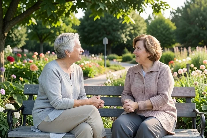 Two mature adults speak openly on a bench in a community garden beside a public walking path