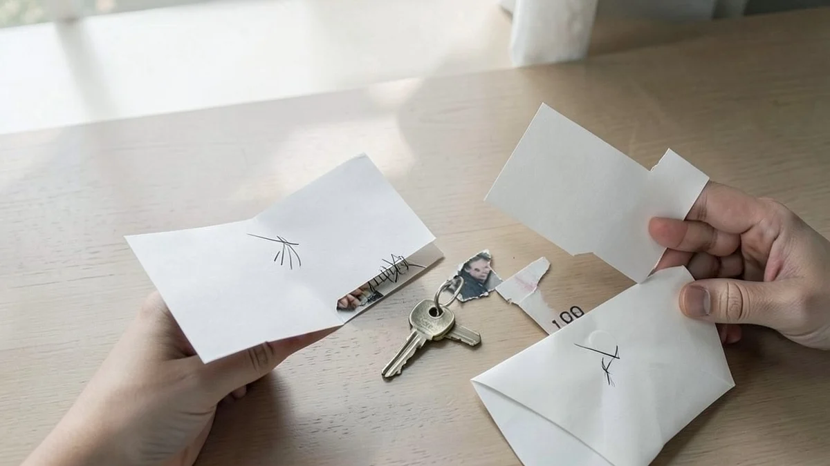 A hand arranges blank note cards, an anonymous photo fragment, a spare house key, and a sealed envelope on a tidy home desk