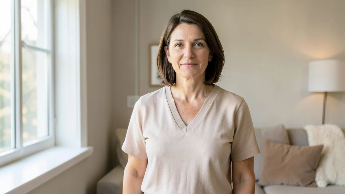 A confident divorced woman in her 40s stands in a quiet, welcoming home with relaxed shoulders and an open, thoughtful expression