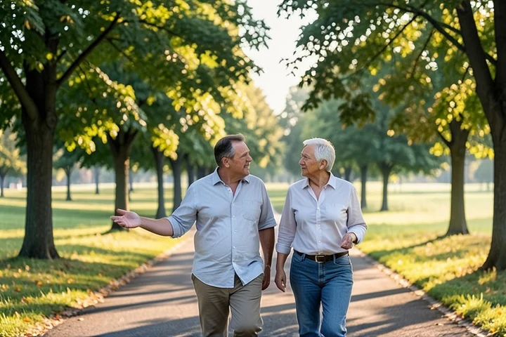 Two middle-aged adults walk side by side along a leafy park trail, naturally matching pace while one gestures toward the path and the other listens