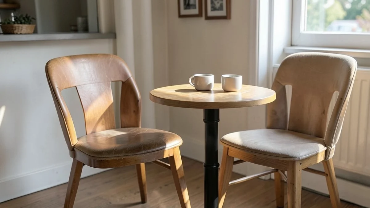 two empty cafe chairs beside a small round table with two plain ceramic cups, soft daylight and an ordinary welcoming interior
