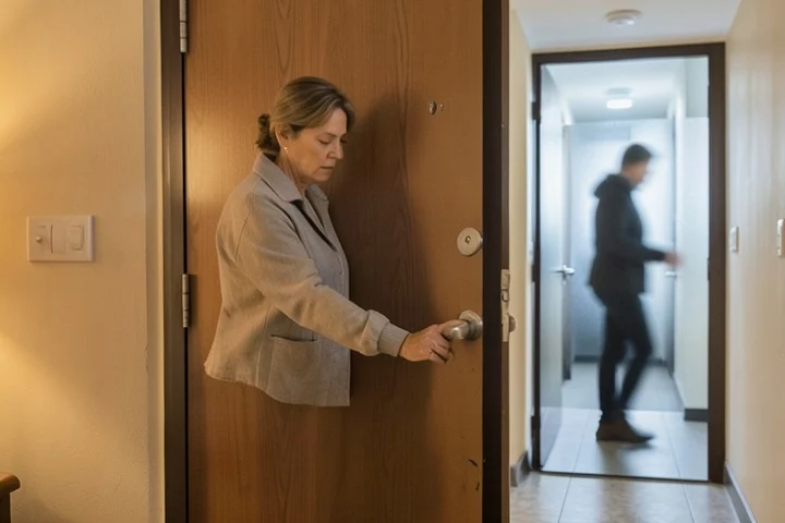 A middle-aged woman calmly locks a wooden apartment door from inside while a blurred figure remains beyond frosted glass