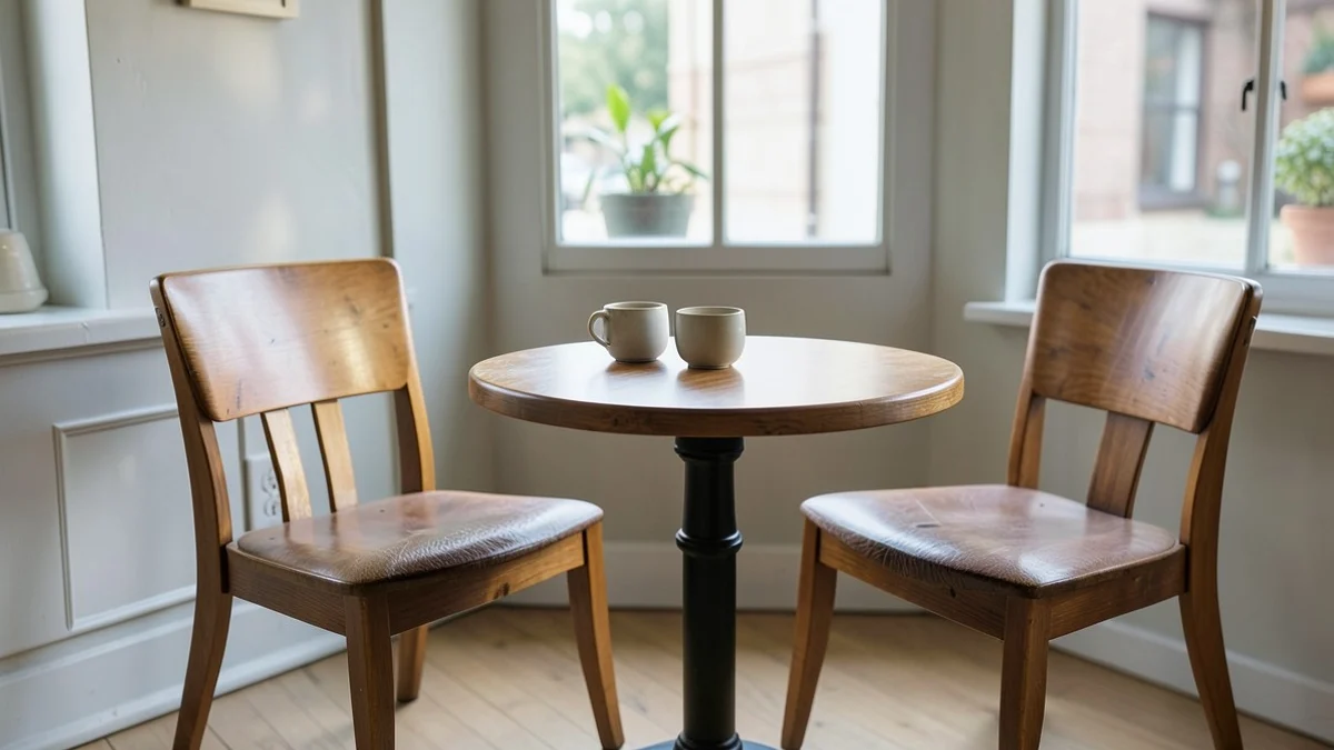 two empty cafe chairs beside a small round table with two plain ceramic cups, soft daylight and an ordinary welcoming interior