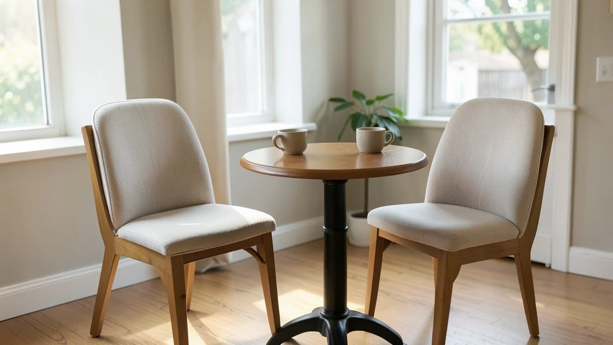 two empty cafe chairs beside a small round table with two plain ceramic cups, soft daylight and an ordinary welcoming interior