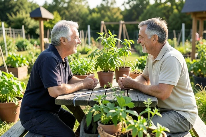 Two middle-aged adults have a relaxed conversation at a community garden picnic table, surrounded by fresh plants and simple weekend activity