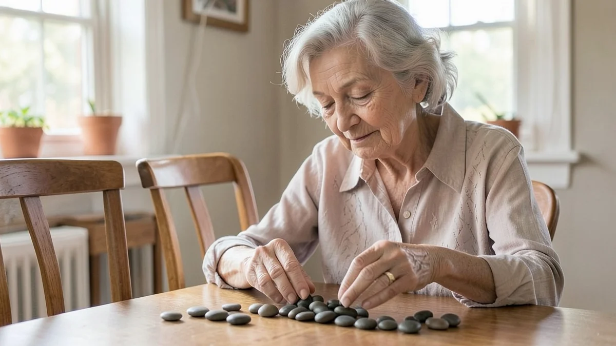 A woman in her early 60s calmly sorts two unmarked groups of smooth stones on a home dining table, one mixed and one carefully arranged
