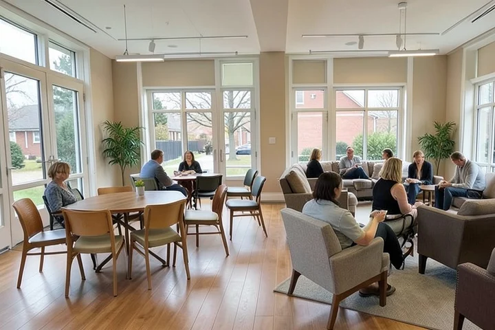Two open rooms in a welcoming community center present different ways to meet people: one has chairs arranged for guided introductions