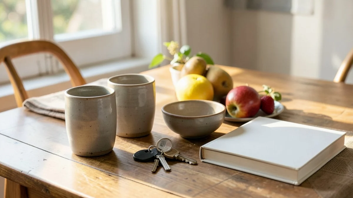 A calm still life of two handmade ceramic cups, a small pottery bowl, fresh fruit, house keys