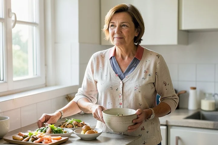 A middle-aged woman stands in a bright home kitchen with a warm, attentive expression