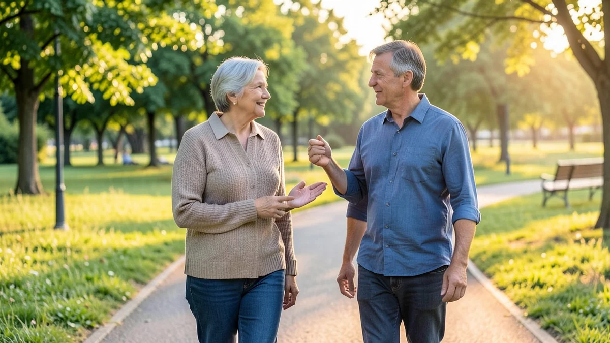 Two middle-aged adults walk together on a quiet public park trail, engaged in an easy reciprocal conversation as one makes a relaxed inviting gesture