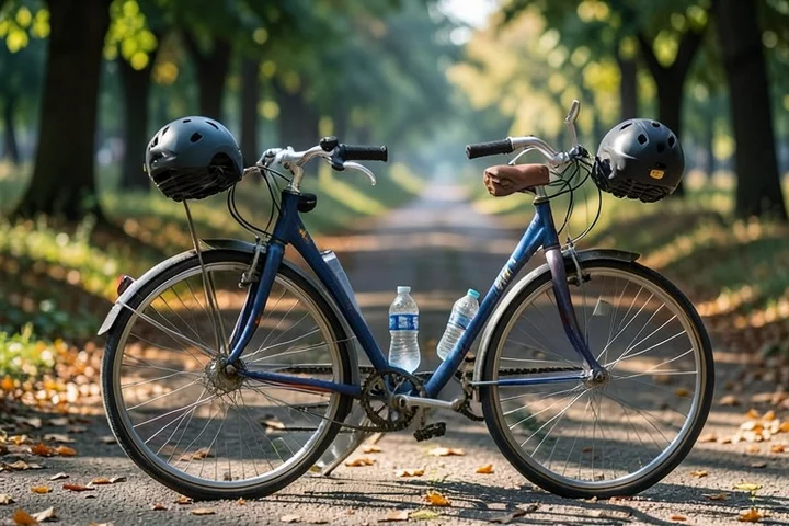 Two bicycles stand side by side at a leafy park trailhead, with two helmets resting on the handlebars and water bottles placed between them