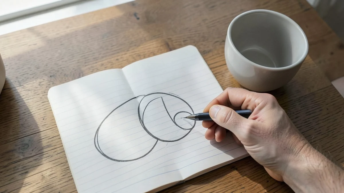 An adult hand draws two connected circles and a clear boundary using simple abstract marks on an open unlined notebook