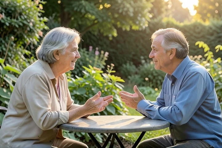 Two middle-aged adults have a calm, attentive conversation across a small table in a quiet community garden