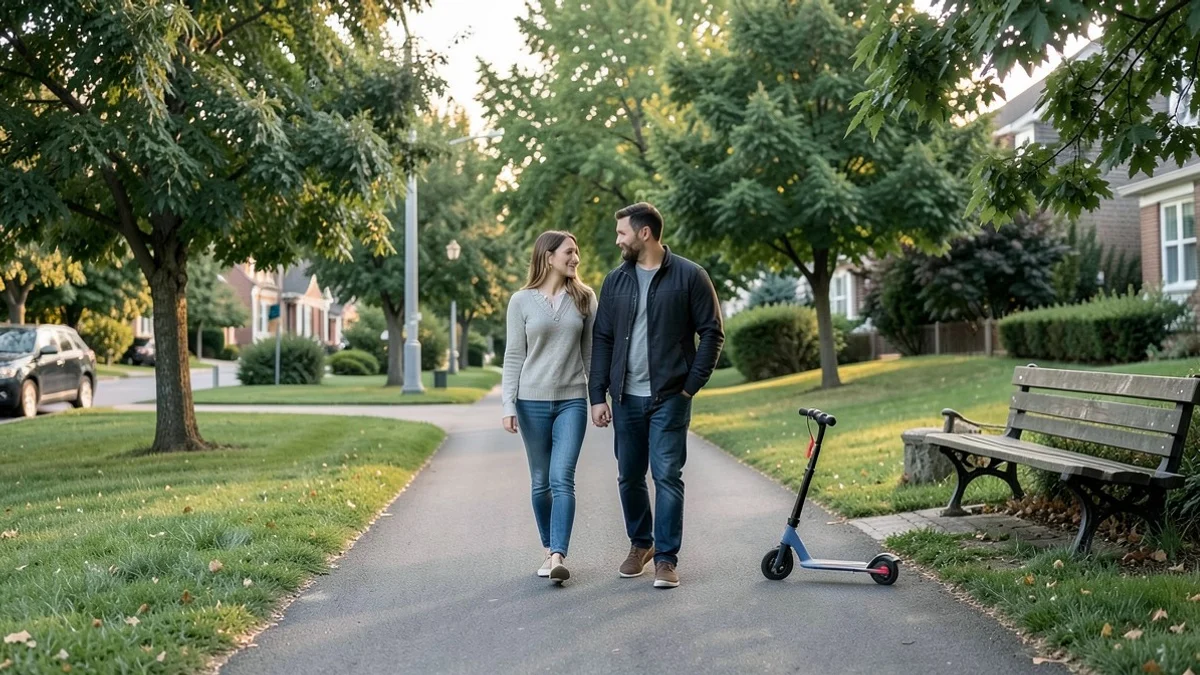 A parent and a new partner walk side by side along a quiet neighborhood park path while a child’s scooter rests near a nearby bench