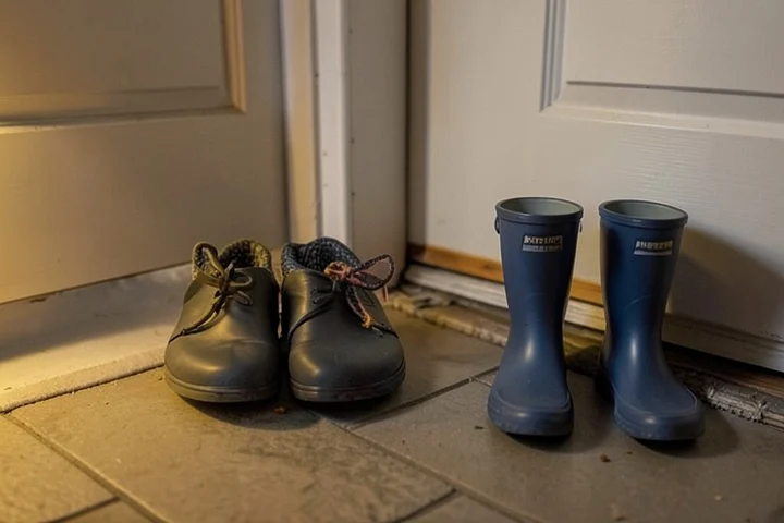 Two adult pairs of shoes stand neatly beside a child’s rain boots at a home entryway