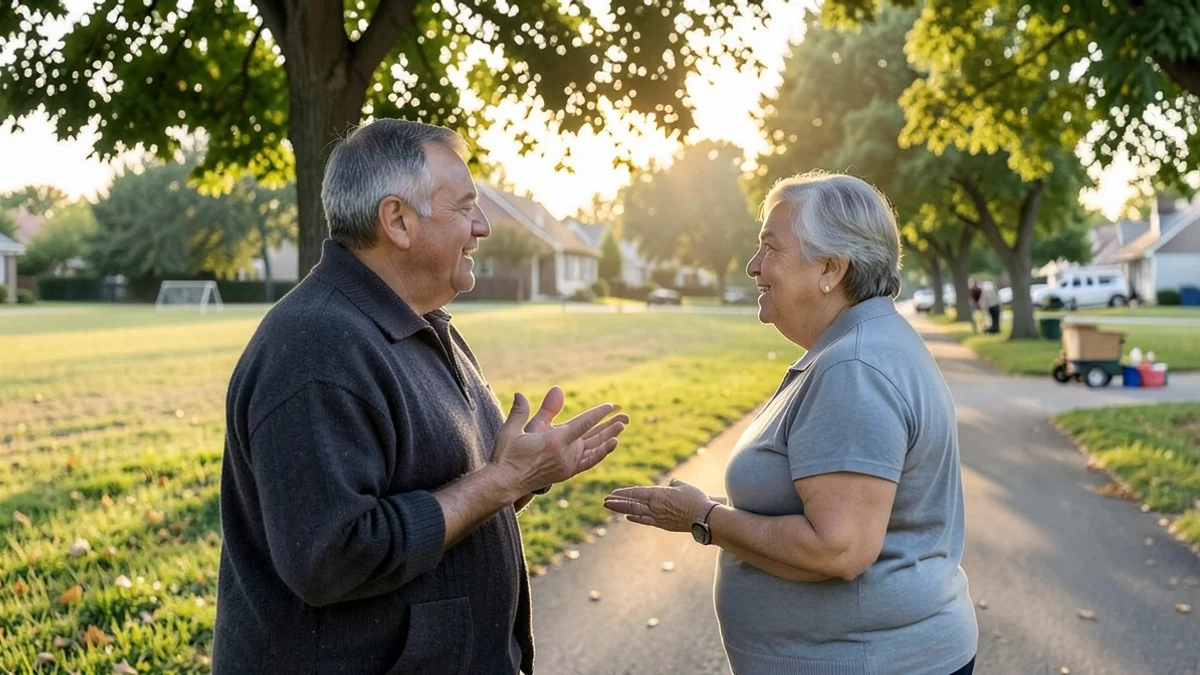 A divorced middle-aged adult calmly talks with a trusted friend on a quiet neighborhood walking path