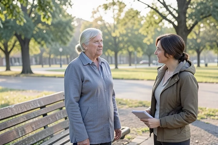 A middle-aged divorced adult pauses beside a park bench while a supportive friend listens