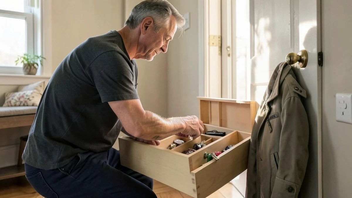A middle-aged adult preparing at home for a date closes a drawer containing private keepsakes